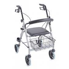 Rollator pieghevole in alluminio verniciato – 4 ruote – Con seduta imbottita e cestino - con freni